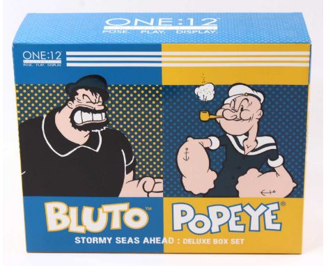 A Mezco Toyz 1/12 scale action figures of Popeye and Pluto 'Stormy Seas Ahead', appears complete, housed in the original card