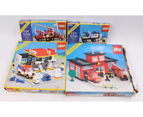 One box containing a quantity of mixed issue Lego Construction sets to include No. 6378 Shell Service/Gas station, a No. 6450