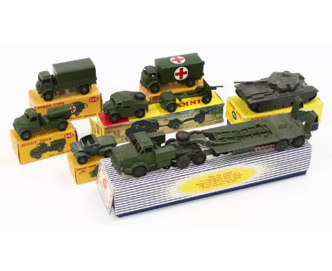 A Dinky Toys group of 7 military diecast to include No. 626 Military Ambulance, No. 643 Army Water Tanker, No. 673 Scout Car,