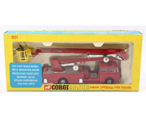 Corgi Toys No. 1127 Simon Snorkel fire engine comprising of red body with fire engine figures and spun hubs housed in the ori