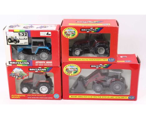 A Britains 1/32 scale boxed group of four to include No. 09450 Massey Ferguson 60/140 tractor with bucket attachment, No. 944