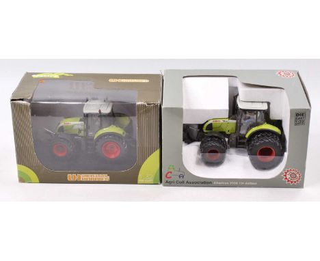 Two 1/32 Univeral Hobbies tractors to include an Agri Coll Association Chartres 2006 13e Edition Claas Ares 657 ATZ (8 Wheels