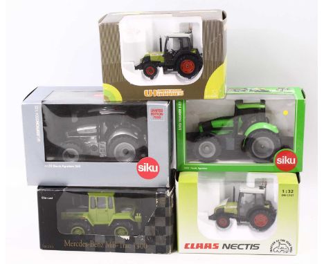Siku/other farm diecast group of five 1/32 scale models to include; New Way 05293 Mercedes Benz MB Trac 1300, Siku 3253 Deutz