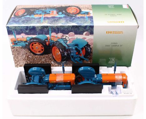 A Universal Hobbies 1/16 scale model of a Ford Doe DDD tractor in an orange and blue body, in original polystyrene packed box