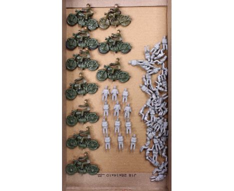 Britains lead Army motorcycles together with driver figures and Dinky seated figures, four various models