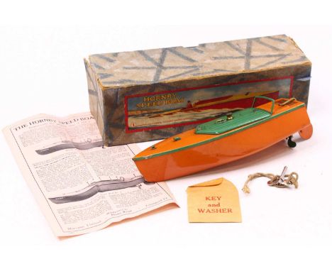 A Hornby No.1 speed boat titled Martin, comprising orange and green body, housed in the original card box with key and leafle