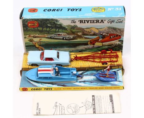 Corgi Toys gift set No. 31 Buick Riveria Boat set, to include a light blue Buick Riviera with red boat trailer, together with