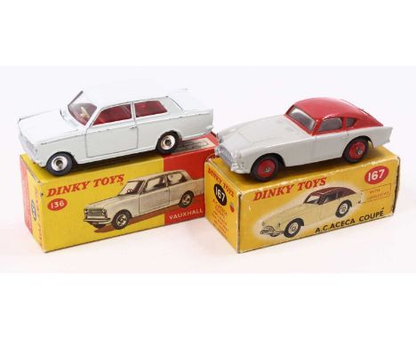 A Dinky Toys group of two to include a Dinky 136 Vauxhall Viva in white with red interior, along with a Dinky 167 A.C.Aceca C