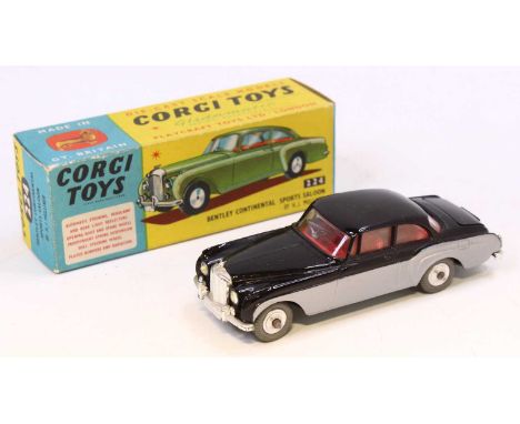 Corgi Toys, 224, Bentley Continental Sports Saloon, black and silver body, red interior, in the original yellow and blue all 