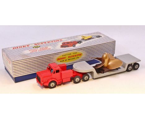 Dinky Toys No.986 Mighty Antar low loader with propeller load comprising red tractor unit with grey low loader trailer, grey 