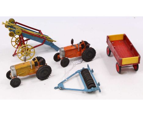 A Crescent Toys loose and playworn group of five farm equipment and others, to include box trailer, Fordson E27N tractor (sun