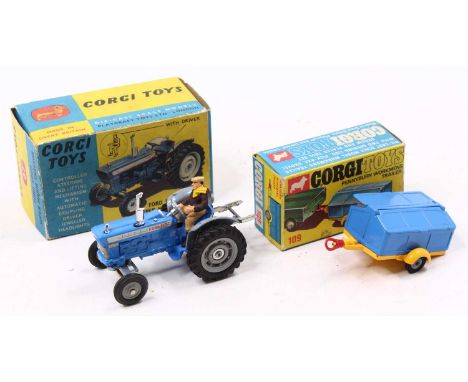 Corgi Toys farming group of 2 comprising No. 67 Ford 5000 Super Major Tractor, blue and grey body with grey plastic hubs, jew