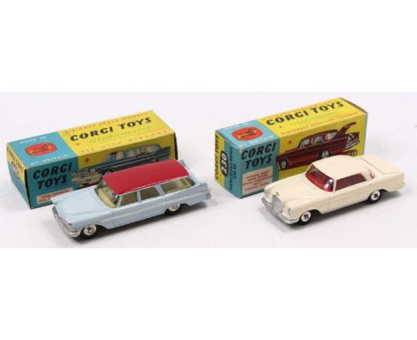 Corgi toys group of 2 boxed models to include; No. 230 Mercedes Benz 220 SE Coupe, cream body with red interior, spun hubs,wi