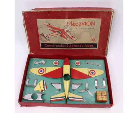 A Mecavion Aeroplane construction set No. 10 of a single-engined light aircraft in yellow and red fuselage with matching wing