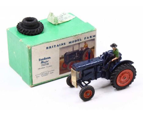 Britains, 128F, Fordson Major tractor with driver, dark blue body, orange wheels and black rubber tyres, with driver (missing