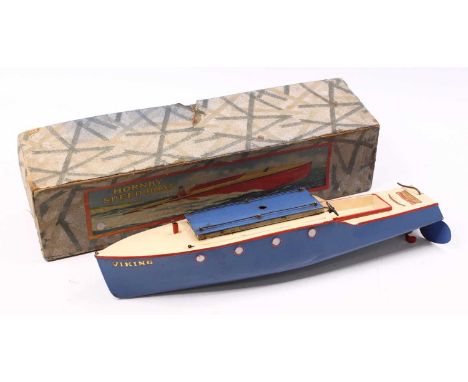 A Hornby speedboat No. 5 titled Viking, comprising of cream, blue and red body with single fixed key mechanism, single propel