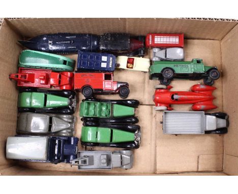 17 various early issue Dinky Toy diecast vehicles including Petrol Tanker in green, Royal Mail Van, Police Box, together with