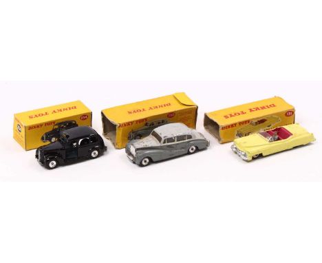 Dinky toys group of 3 boxed models to include; No.131 Cadillac Tourer in yellow body with purple interior and cream hubs (cou