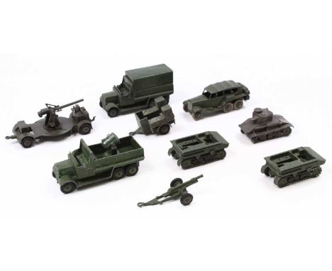 A Dinky Toys group of ten loose and playworn military models to include No. 151B six-wheel covered wagon truck, No. 162A Ligh