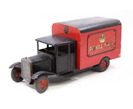 Triang Tois wooden and steel large scale model of a Royal Mail delivery van comprising of black cab and chassis with red wood