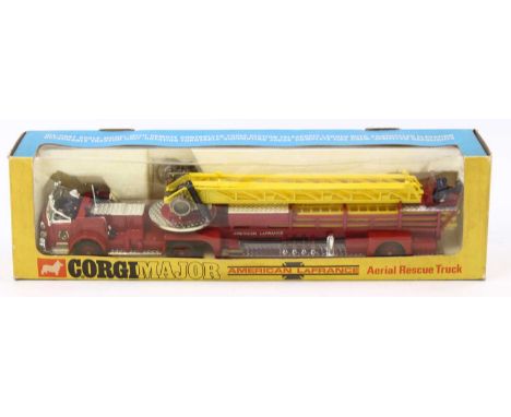 Corgi Toys, 1143 American la France aerial rescue truck, red and white body with yellow extendable ladder, detailed cast hubs