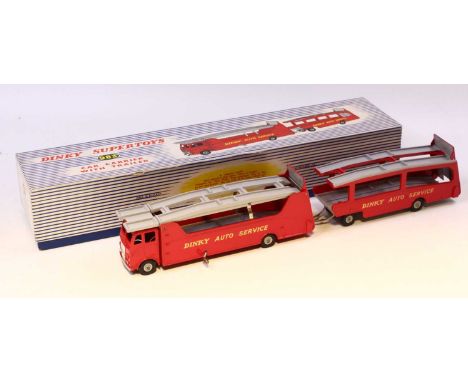 Dinky Toys No. 983 Car Carrier and Trailer, comprising of Dinky Auto Service No. 984 car carrier, red body with grey decks, g