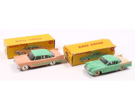 Dinky toys boxed 2 saloons to include; No.178 Plymouth Plaza in pink body with green roof and silver hubs together with No.16
