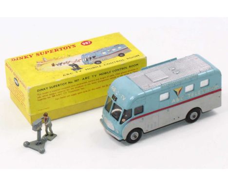 A Dinky Toys No. 987 ABC TV Mobile Control Room in light blue and grey body with silver roof and red flash, fitted with grey 