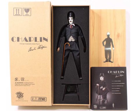 A ZC World 1/6 scale Premier Collection action figure of Charlie Chaplin (appears complete), housed in the original wooden fo