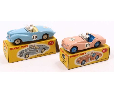 A Dinky Toys group of two to include a Dinky 107 Sunbeam Alpine Sports in light blue with cream hubs, one box flap detached b