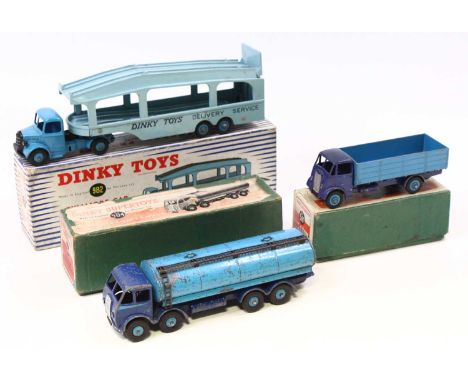 A Dinky Toys group of three boxed models, to include No. 982 Pullmore Car Transporter, in a dark blue body with a light blue 