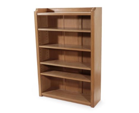 Mouseman: A Robert Thompson of Kilburn English Oak 4' Open Bookcase, solid ends and panelled back, raised upstand, four adjus