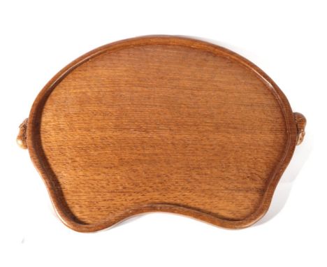 Mouseman: A Robert Thompson of Kilburn English Oak Kidney Tea Tray, with carved mouse signature handles, 48cm wide