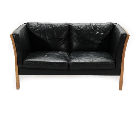 A 1970's Danish Stouby Two-Seater Sofa, with six cushions and beech ends, 150cm by 82cm by 79cm