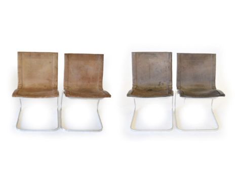 Four Vintage Metal Tubular and Leather Cantilever Chairs, comprising two covered in light tan and two in dark tan, each with 