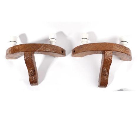 Mouseman: A Pair of Robert Thompson of Kilburn English Oak Double Wall Light Brackets, semi-circular with two upward facing e