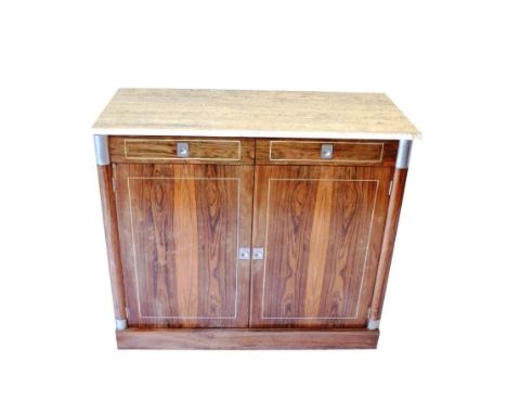 A 1970's Rosewood Side Cabinet, with grey marble top above two drawers over two cupboard doors, one side enclosing a shelf, t