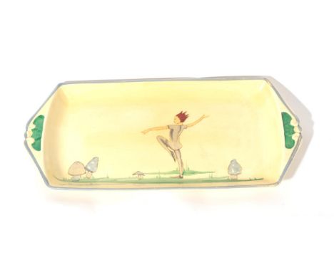 A Susie Cooper Puck Pattern Twin-Handled Tray, decorated with a dancing figure and toadstools, printed factory mark, 32.5cm a
