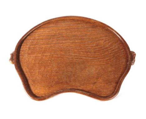 Mouseman: A Robert Thompson of Kilburn English Oak Kidney Tea Tray, with carved mouse signature handles, 48cm wide