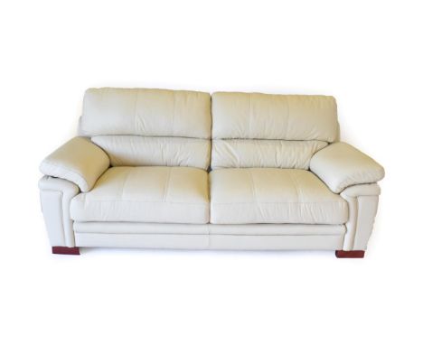 A Cream Leather Two-Seater Sofa, modern, with padded arms and square form feet, 206cm by 91cm by 89cm