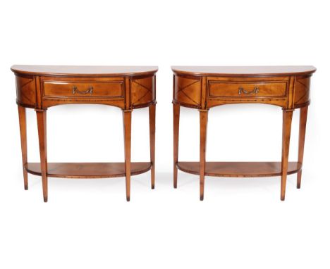 A Pair of Hardwood and Parquetry Decorated Hall Tables, modern, of D shape form with bowfront drawers, on tapering legs joine