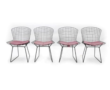 A Set of Four Metal Wirework Side Chairs after a design by Harry Bertoia, vinyl-coated bent and welded steel rod construction