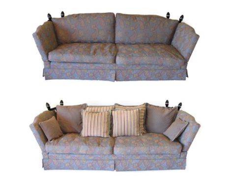 David Grundy: A Pair of Broadway Major Sofas, circa 2010 recovered by Meridan upholstery in purple paisley and floral fabric,