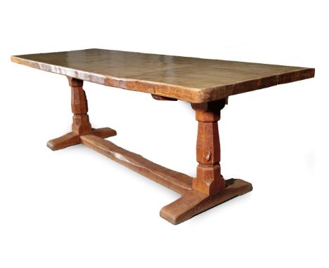 Mouseman: A Robert Thompson of Kilburn English Oak 7' 6'' Refectory Table, dowelled two plank 5.5cm thick top, on two large o