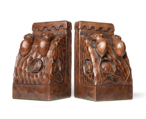 Mouseman: A Pair of Robert Thompson of Kilburn English Oak Triple Mice Bookends, each end carved with three mice, tooled fini