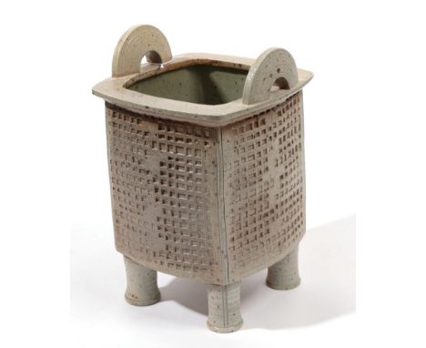 David Lloyd Jones (1928-1994): A Stoneware Twin-Handled Planter, of square section form, on four feet, impressed LJ seal mark