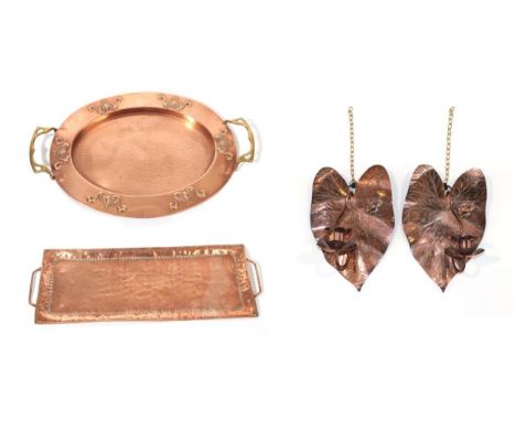 A Pair of Aesthetic Movement Copper Wall Sconces, each in the form of a lily pad with a frog stalking a fly, stamped Rd 17801