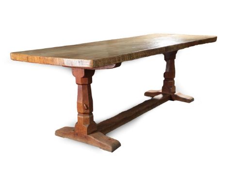 Mouseman: A Robert Thompson of Kilburn English Oak 7' 6'' Refectory Table, dowelled two plank 5.5cm thick top, on two large o