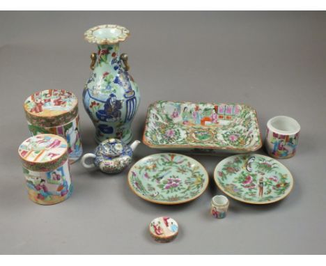 A group of Canton famille rose porcelain19th/20th CenturyIncluding a celadon ovoid vase decorated with butterflies and flower