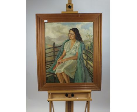 J Wood, Portrait of Margarite Whitaker, three quarter length seated on a garden bench, oil on canvas, 76 x 60cm